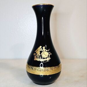 Limoges Castel Porcelain Cobalt Dark Blue Vintage Vase Lovers Scene with Gold